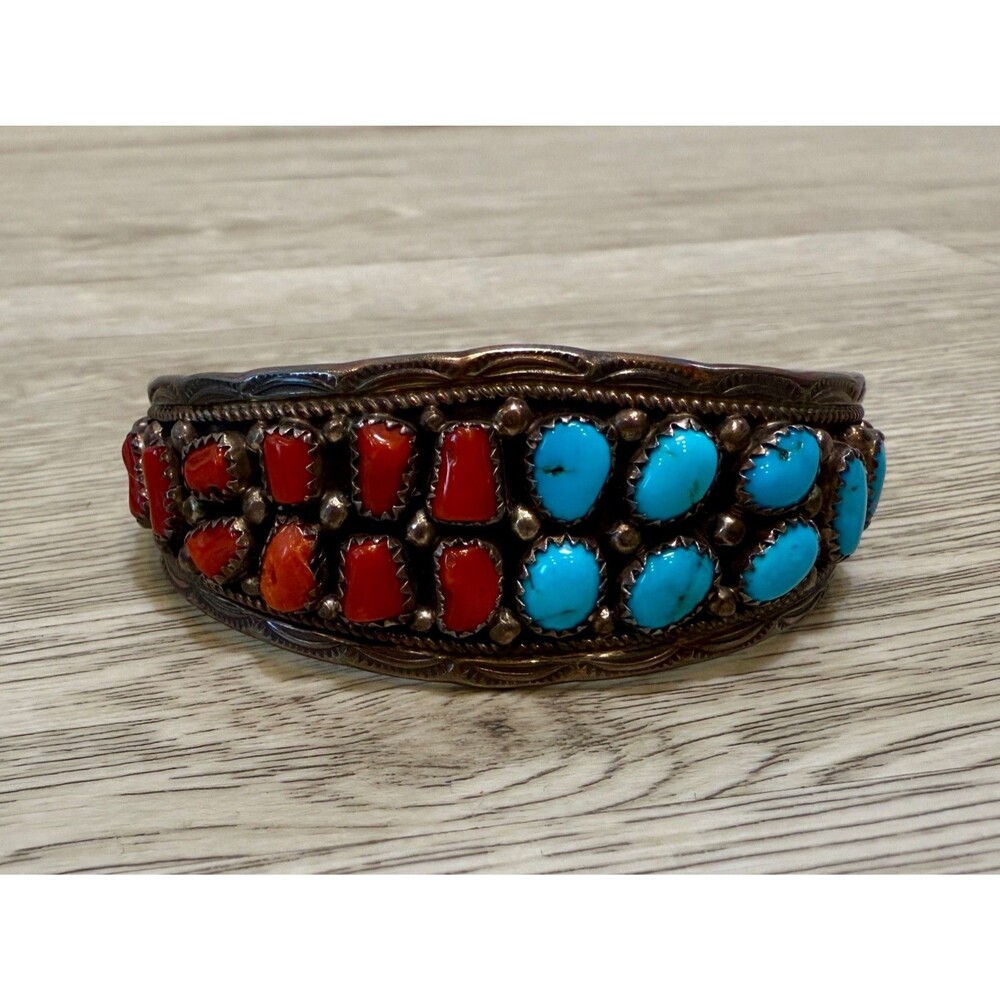 Navajo Yellowhorse Turquoise Coral Sterling Silver Cuff Bracelet Native American - Picture 11 of 16